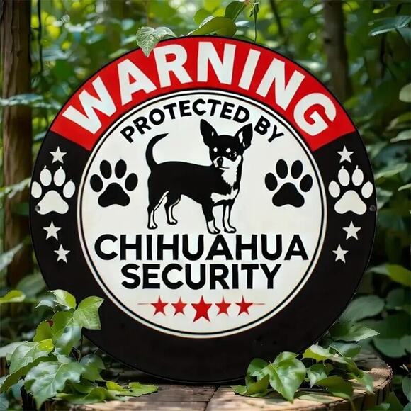 Chihuahua Security Warning Tin Metal Sign • Round Sign • 8”x8” Home, Bar, Garage - Picture 2 of 11